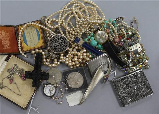 Mixed items including, costume jewellery, mother of pearl counters and a Swiss silver wrist watch.